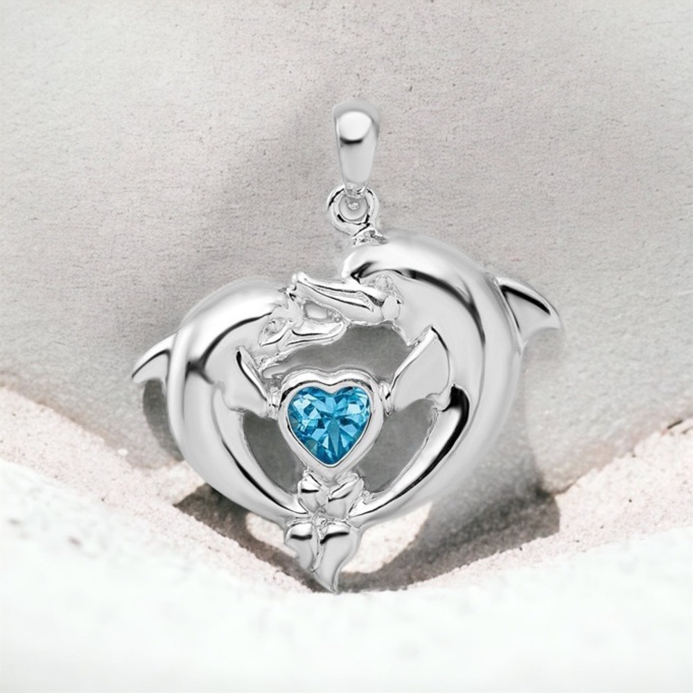 925 Sterling Silver Polished Nautical Sea Life Dolphins Blue Topaz Heart Pendant